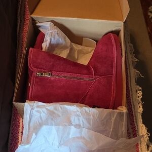 Lamo Suede Side-Zip Ankle Boots — Raspberry Pink